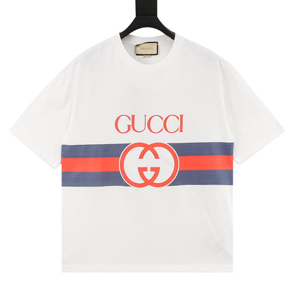 Gucci Blue and Red Stripe Short-Sleeve T-Shirt with Interlocking Logo Print